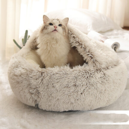 Cat Bed Round Plush Fluffy Hooded Cat Bed Cave Cozy for Indoor Cats or Small Dog beds